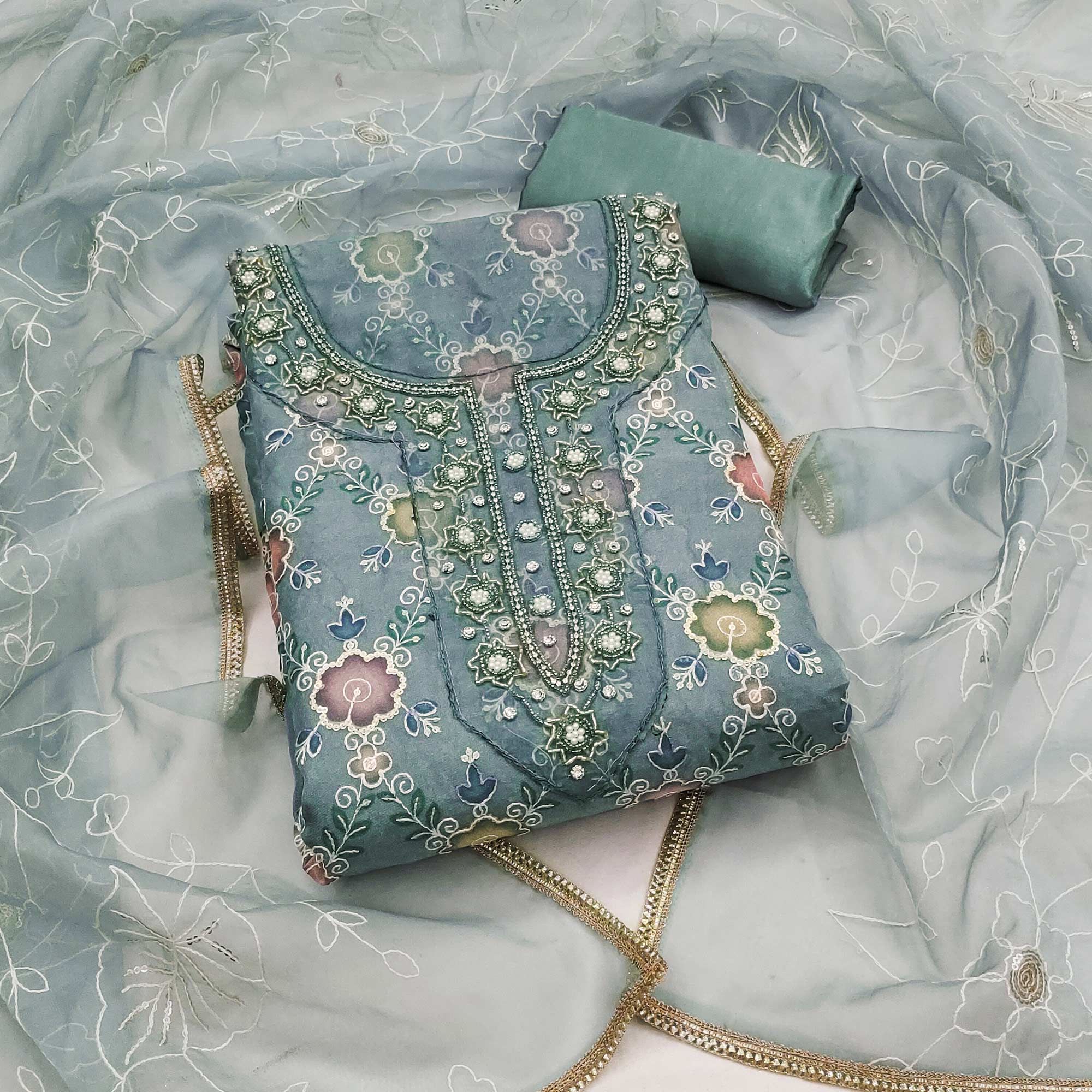 Blue Digital Printed With Hand Embroidered Organza Dress Material