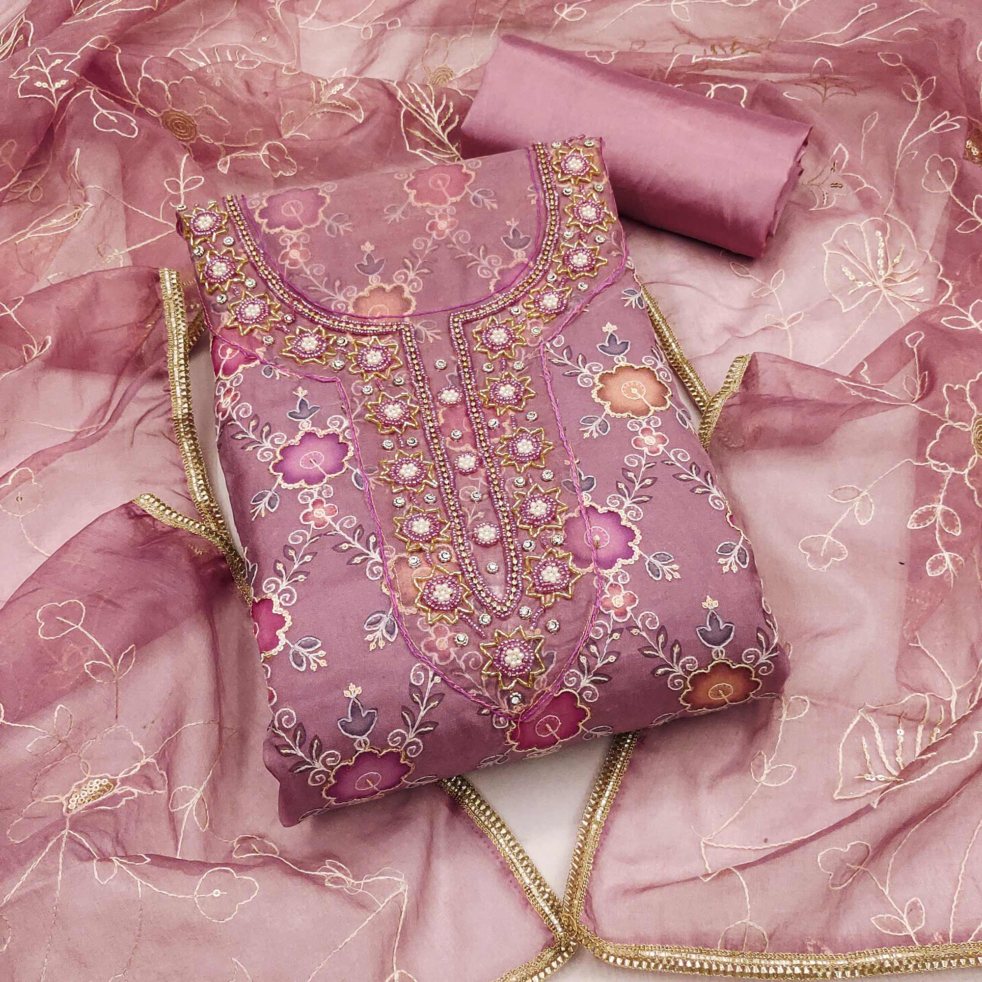 Purple Digital Printed With Hand Embroidered Organza Dress Material