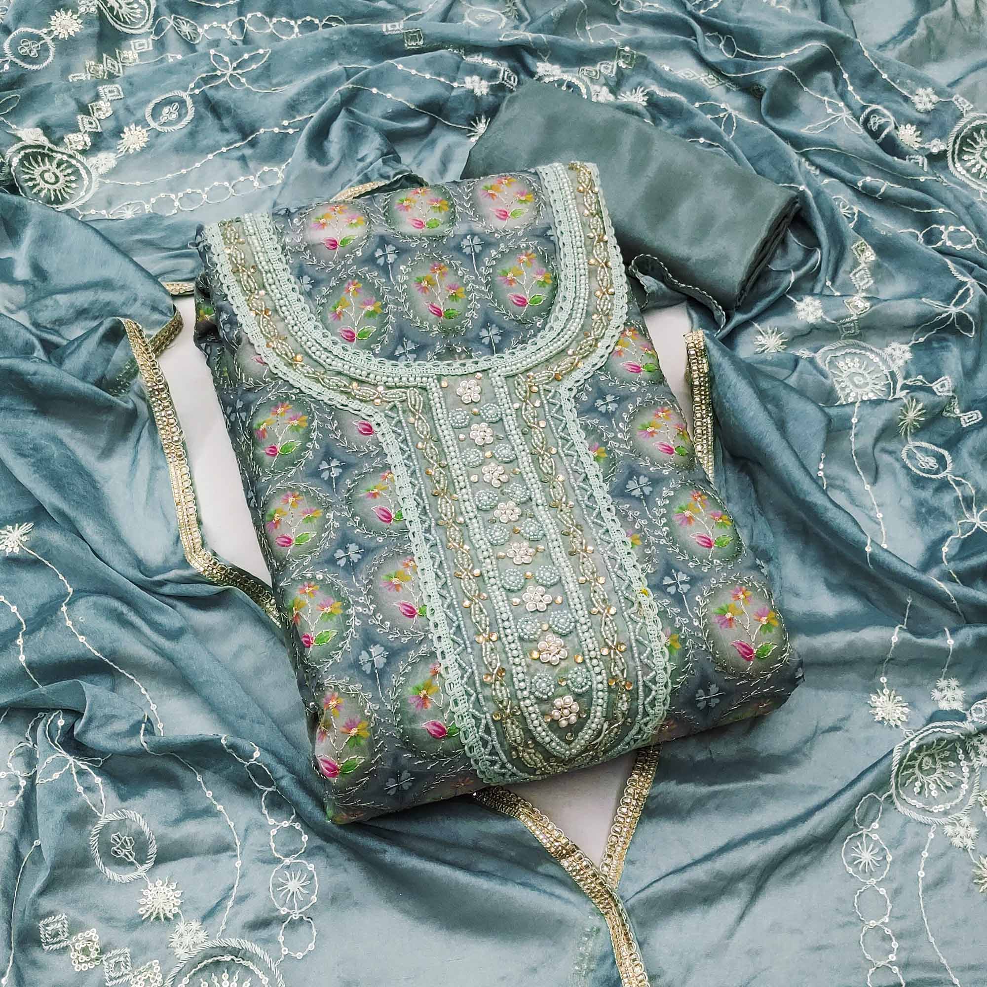 Blue Sequins Embroidery With Handwork Organza Dress Material