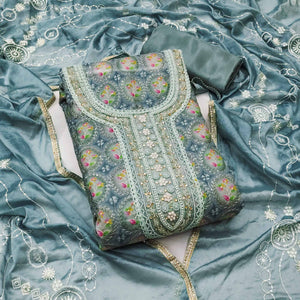 Blue Sequins Embroidery With Handwork Organza Dress Material