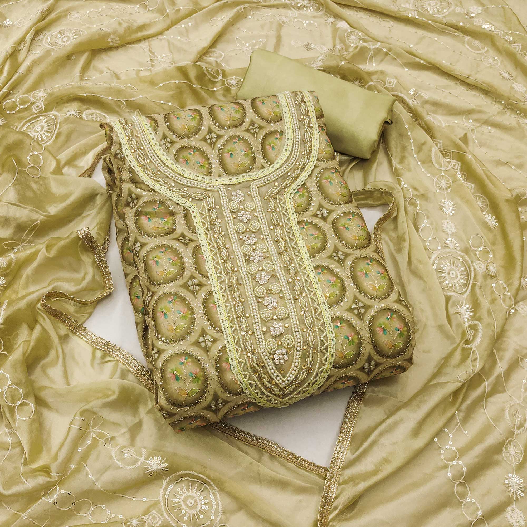 Olive Sequins Embroidery With Handwork Organza Dress Material