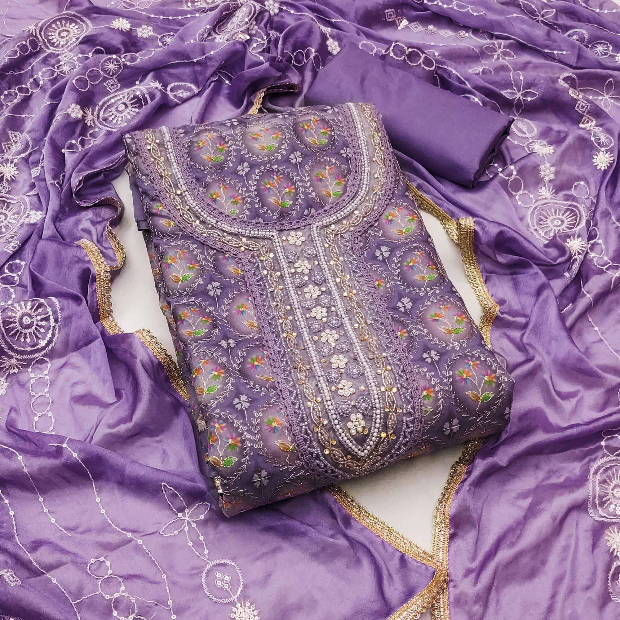 Purple Sequins Embroidery With Handwork Organza Dress Material