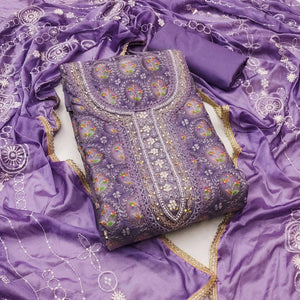 Purple Sequins Embroidery With Handwork Organza Dress Material