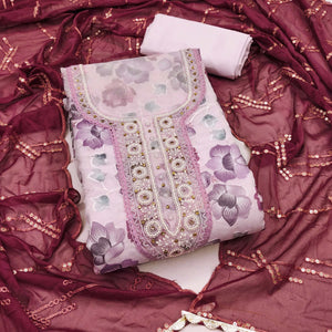 Light Pink Hand Embroidery With Digital Printed Organza Dress Material