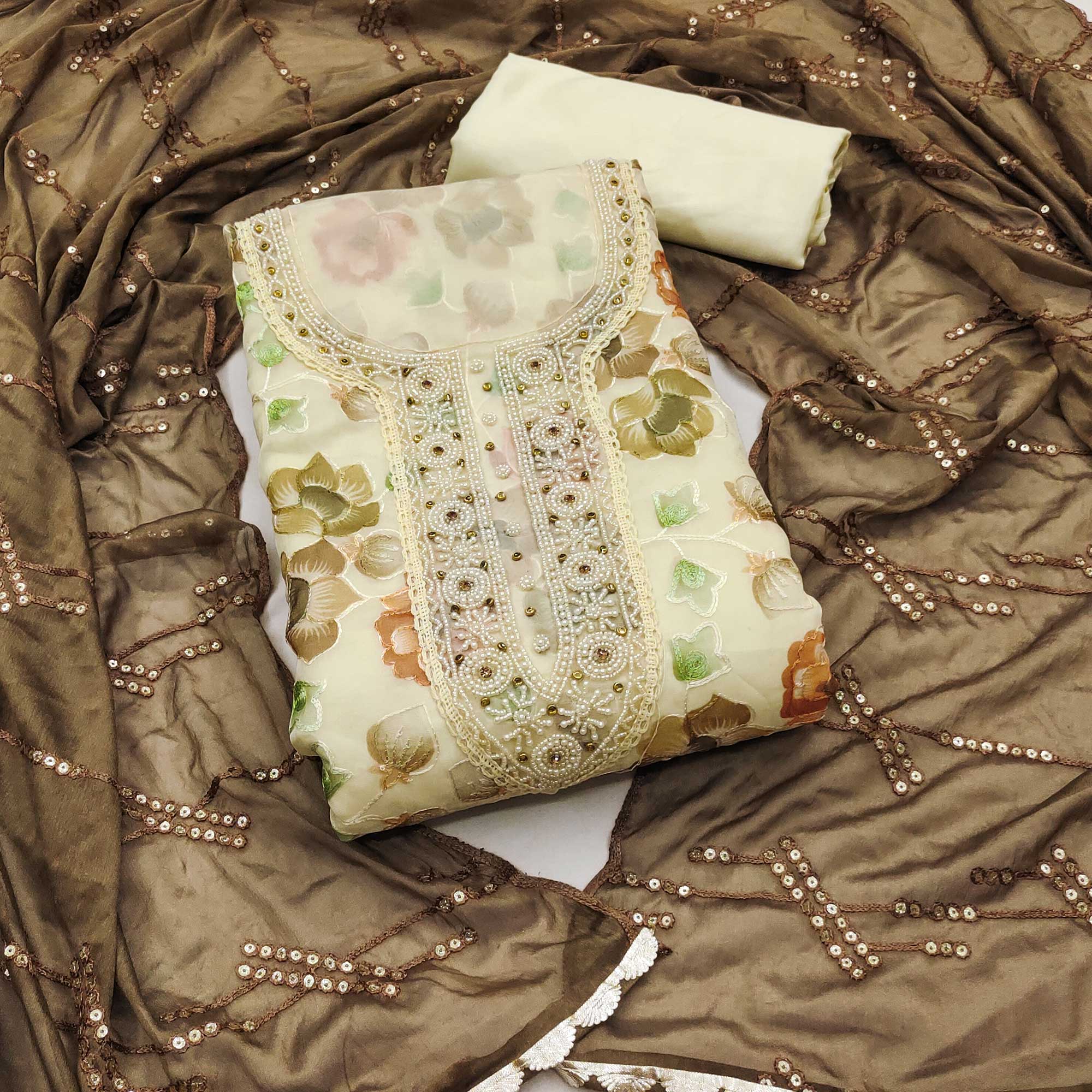 Light Yellow Hand Embroidery With Digital Printed Organza Dress Material