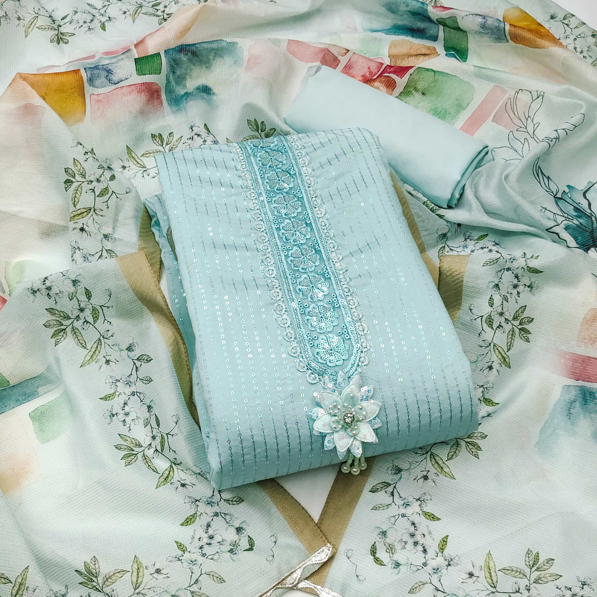 Blue Floral Sequin Embroidered Cotton Silk Dress Material