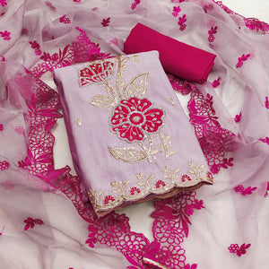 Mauve Floral Hand Embroidered Cotton Silk Dress Material