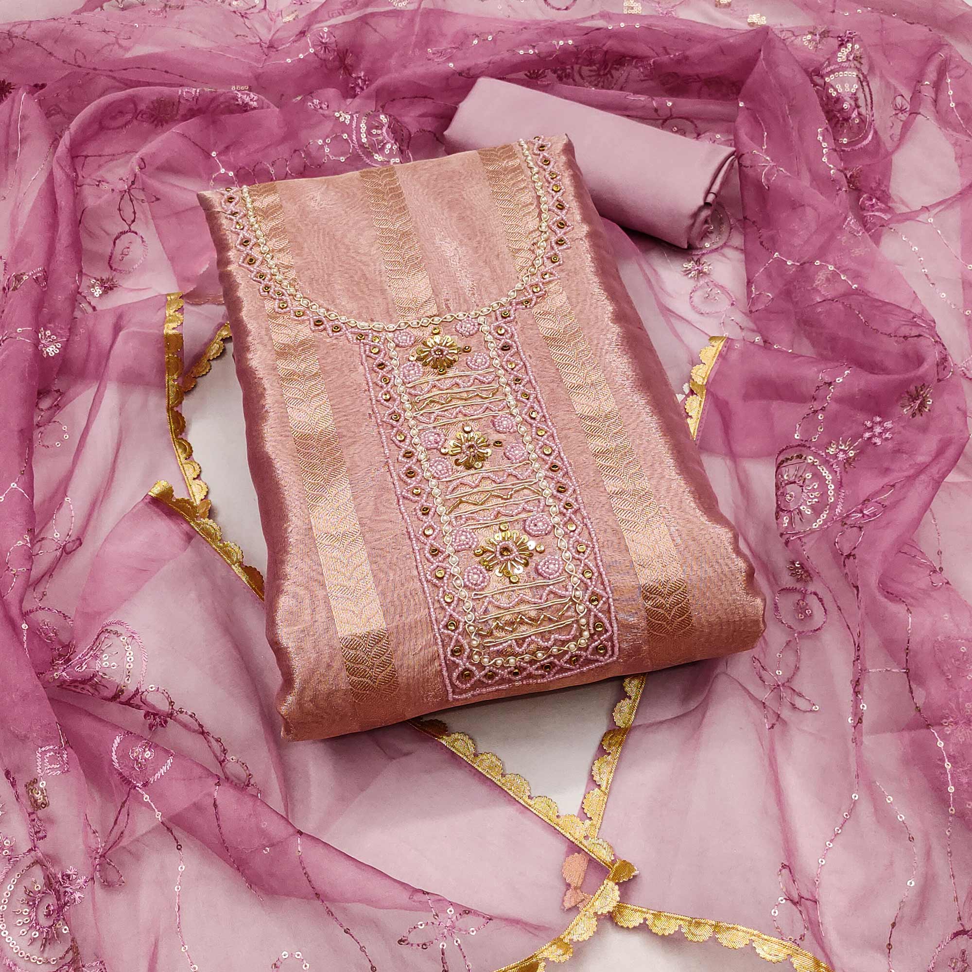 Mauve Sequins Hand Embroidery Organza Dress Material