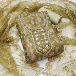 Mehendi Green Floral Sequins Embroidery Organza Dress Material