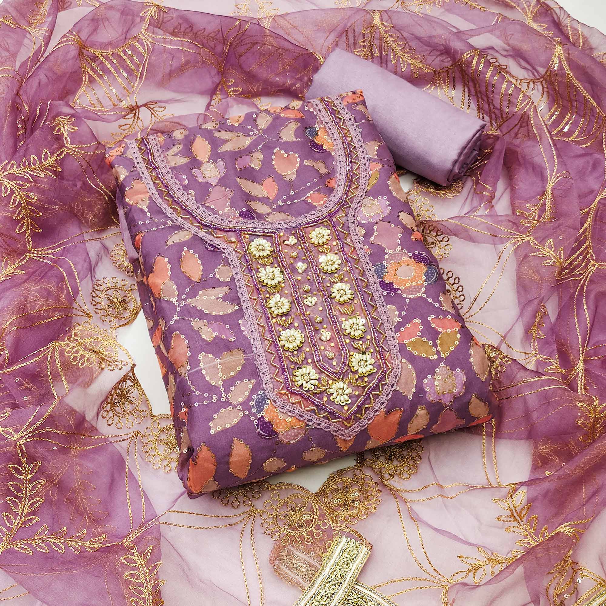 Purple Floral Sequins Embroidery Organza Dress Material