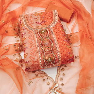 Orange Floral Sequins Embroidery With Printed Organza Dress Material