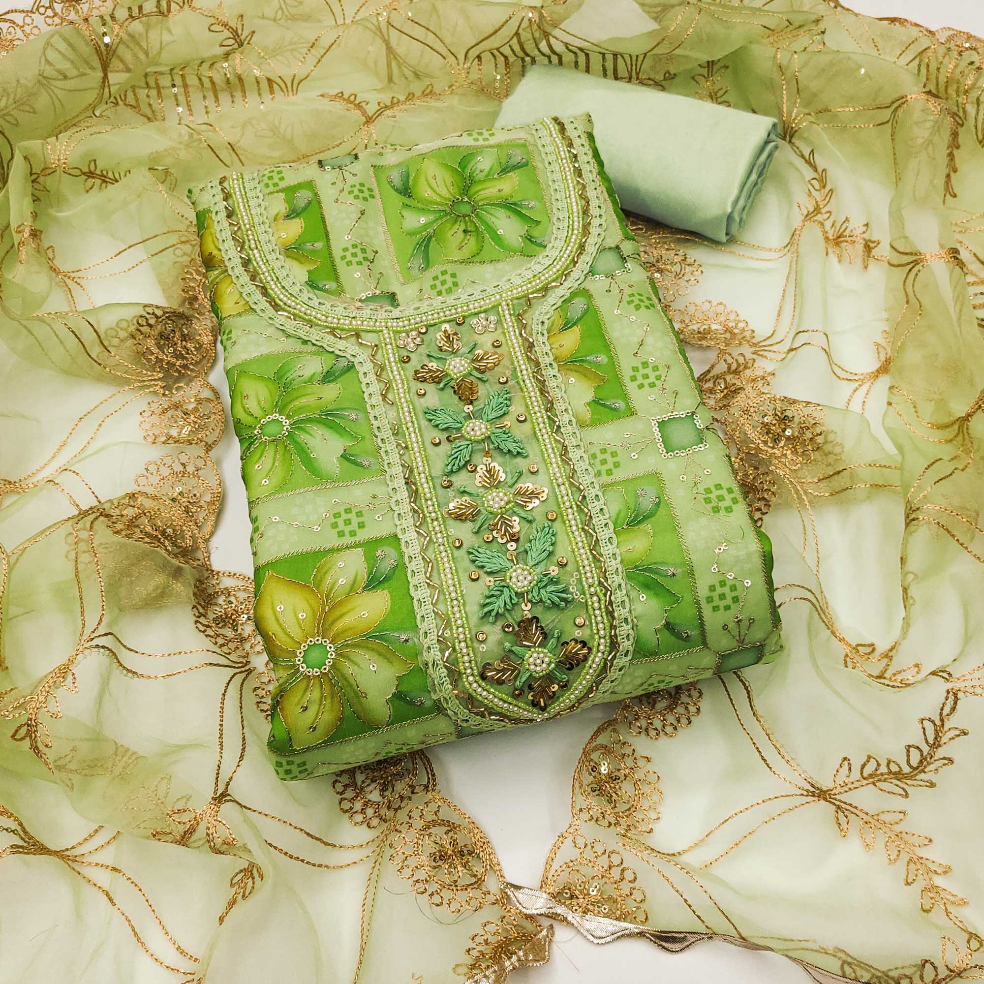 Green Floral Print With Sequins Hand Embroidered Organza Dress Material