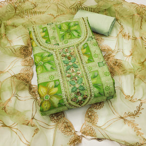 Green Floral Print With Sequins Hand Embroidered Organza Dress Material