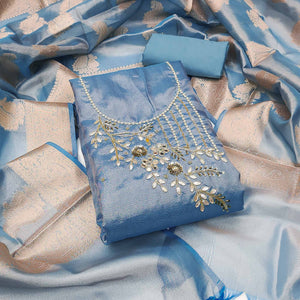 Blue Floral Moti With Gota Patti Handwork Viscose Dress Material