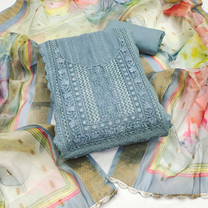 Grey Floral Sequins Embroidered Cotton Silk Dress Material