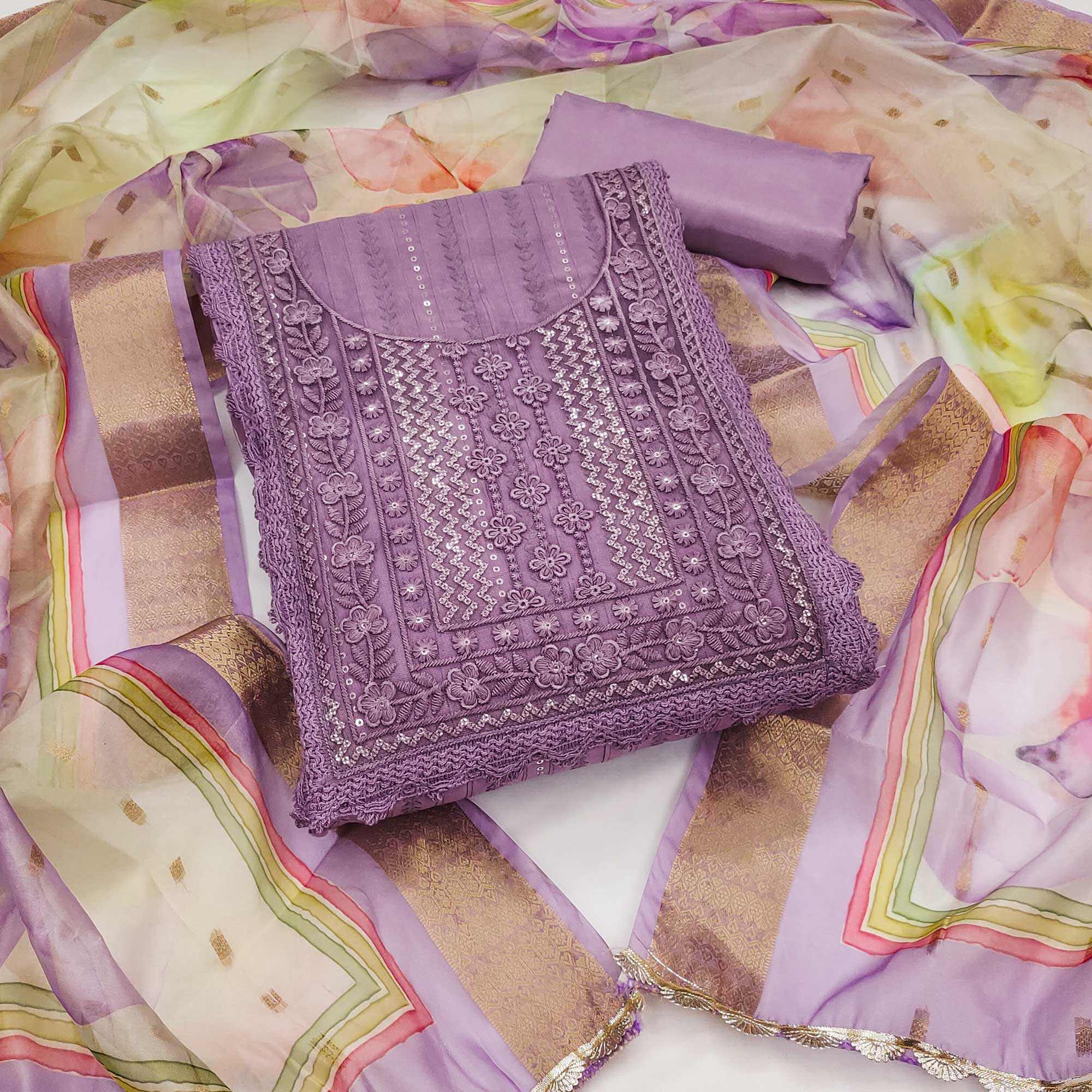 Purple Floral Sequins Embroidered Cotton Silk Dress Material