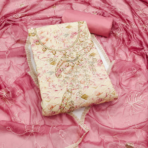 Cream & Pink Printed With Handwork Pure Cotton Dress Material