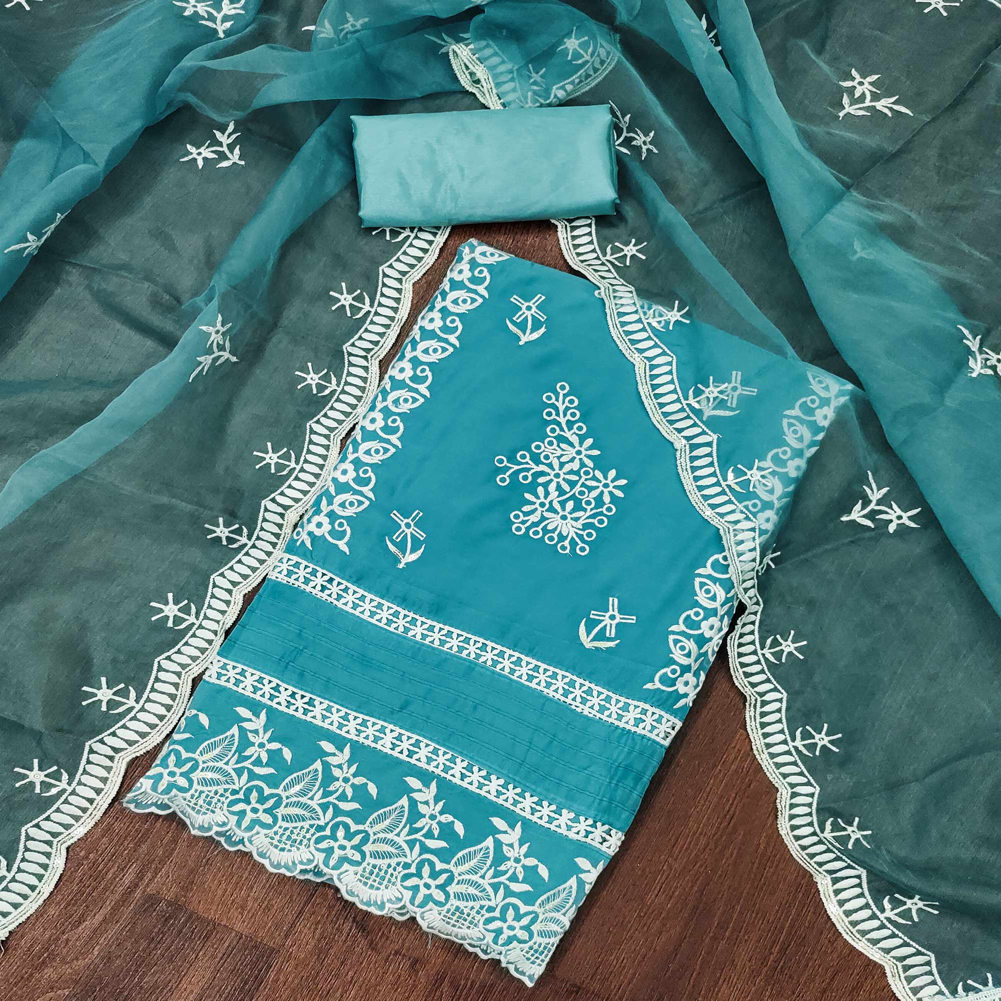 Blue Floral Sequins Embroidered Organza Dress Material