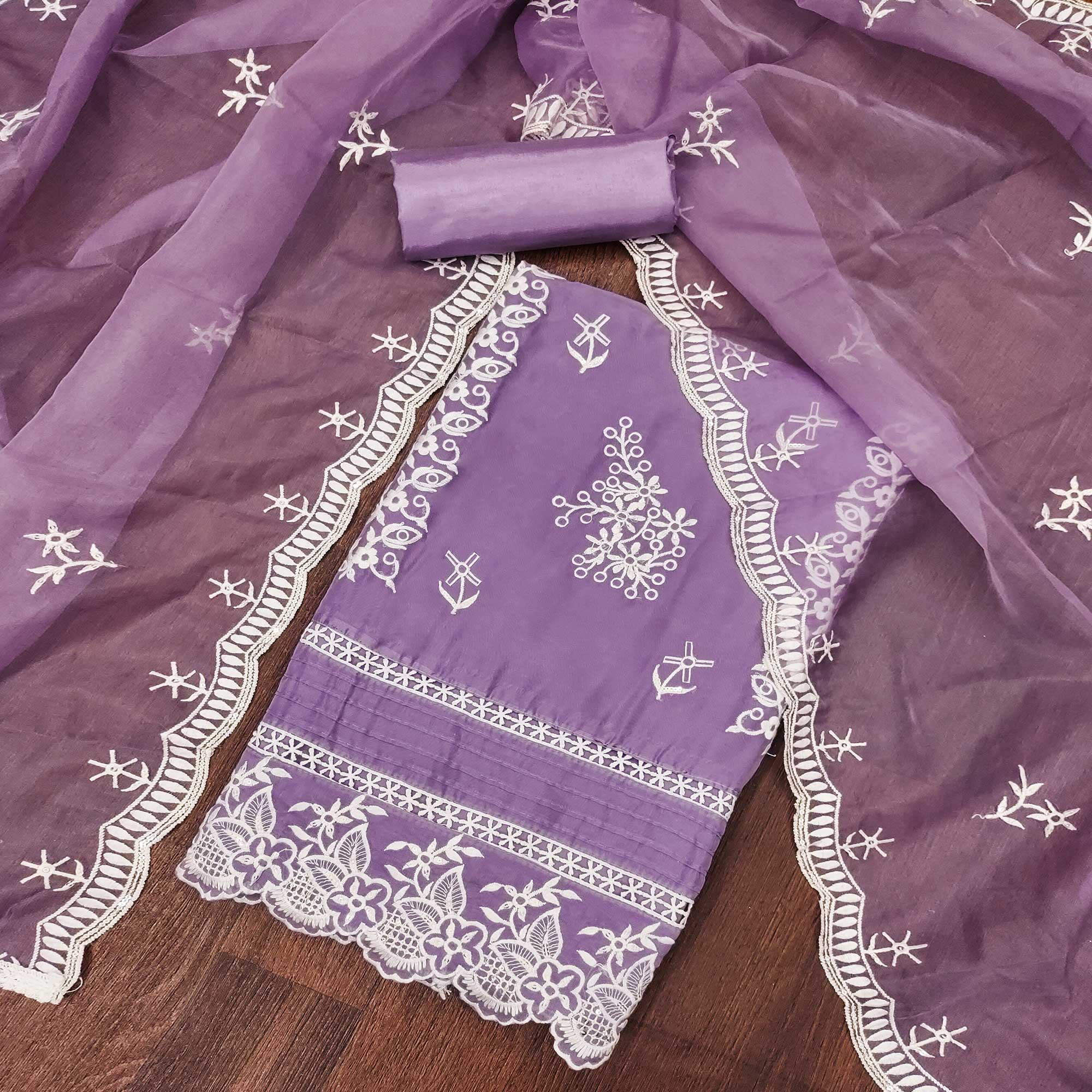 Lavender Floral Sequins Embroidered Organza Dress Material