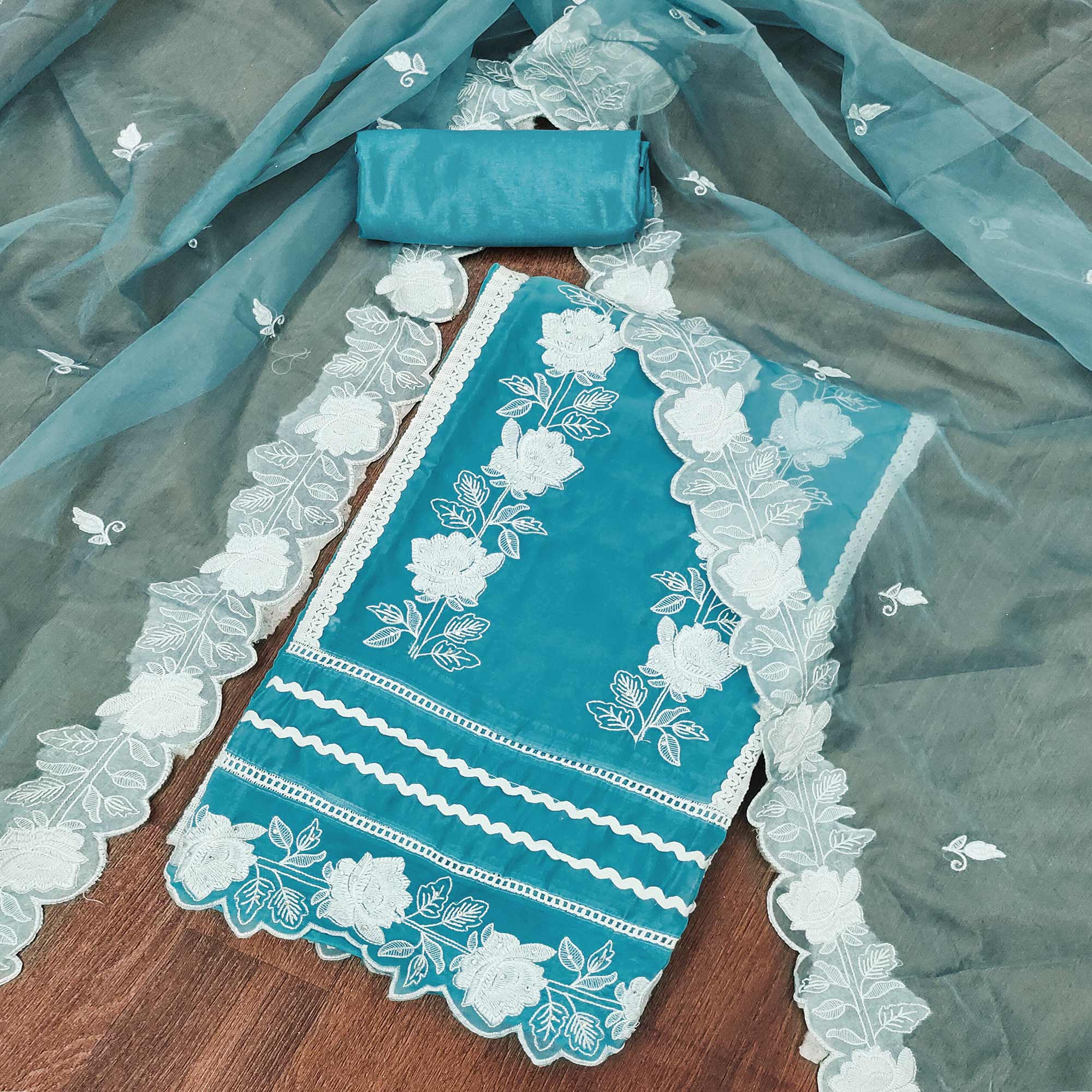 Blue Floral Embroidery With Stonework Organza Dress Material