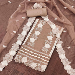 Light Brown Floral Embroidery With Stonework Organza Dress Material