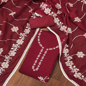 Maroon Floral Sequins Embroidery With Handwork Cotton Silk Dress Material