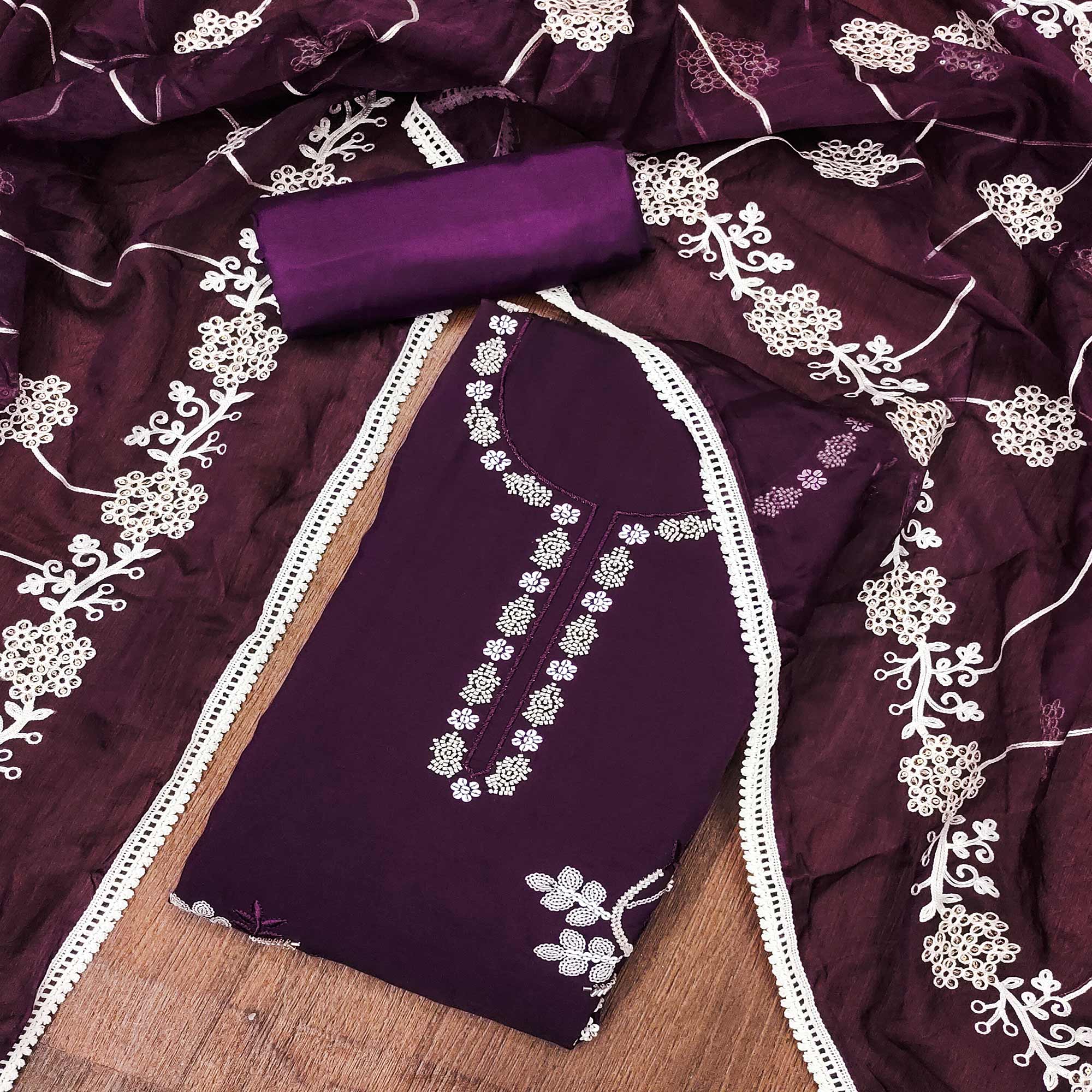 Purple Floral Sequins Embroidery With Handwork Cotton Silk Dress Material