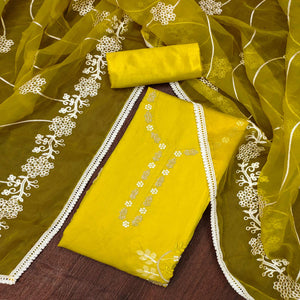 Yellow Floral Sequins Embroidery With Handwork Cotton Silk Dress Material
