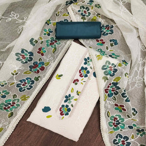 Offwhite & Morpich Floral Embroidery With Printed Roman Cotton Silk Material Material