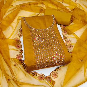 Mustard Floral Embroidery With Stonework Cotton Silk Dress Material
