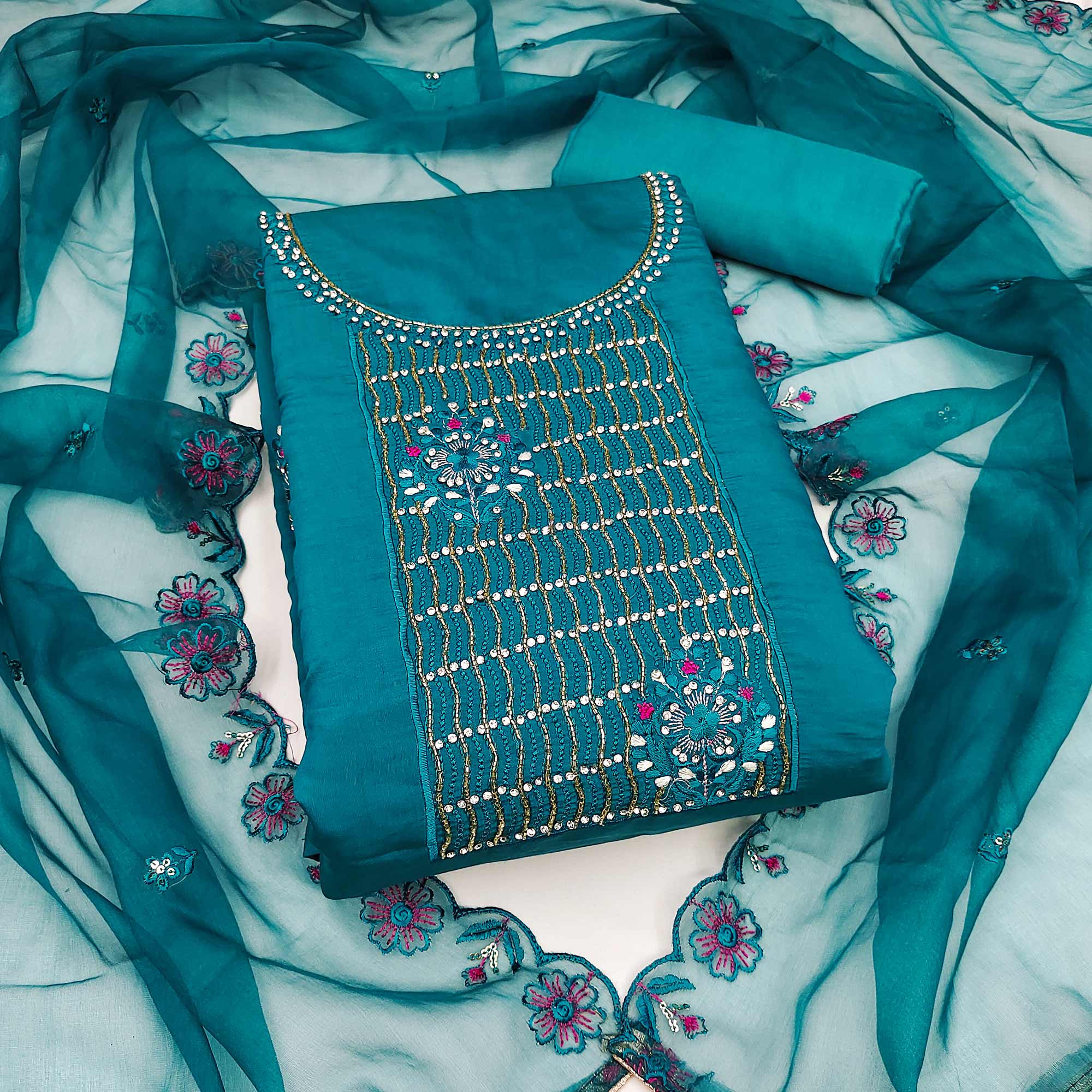 Teal Floral Embroidery With Stonework Cotton Silk Dress Material