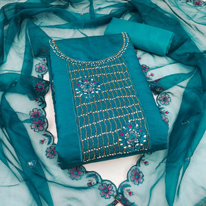 Teal Floral Embroidery With Stonework Cotton Silk Dress Material