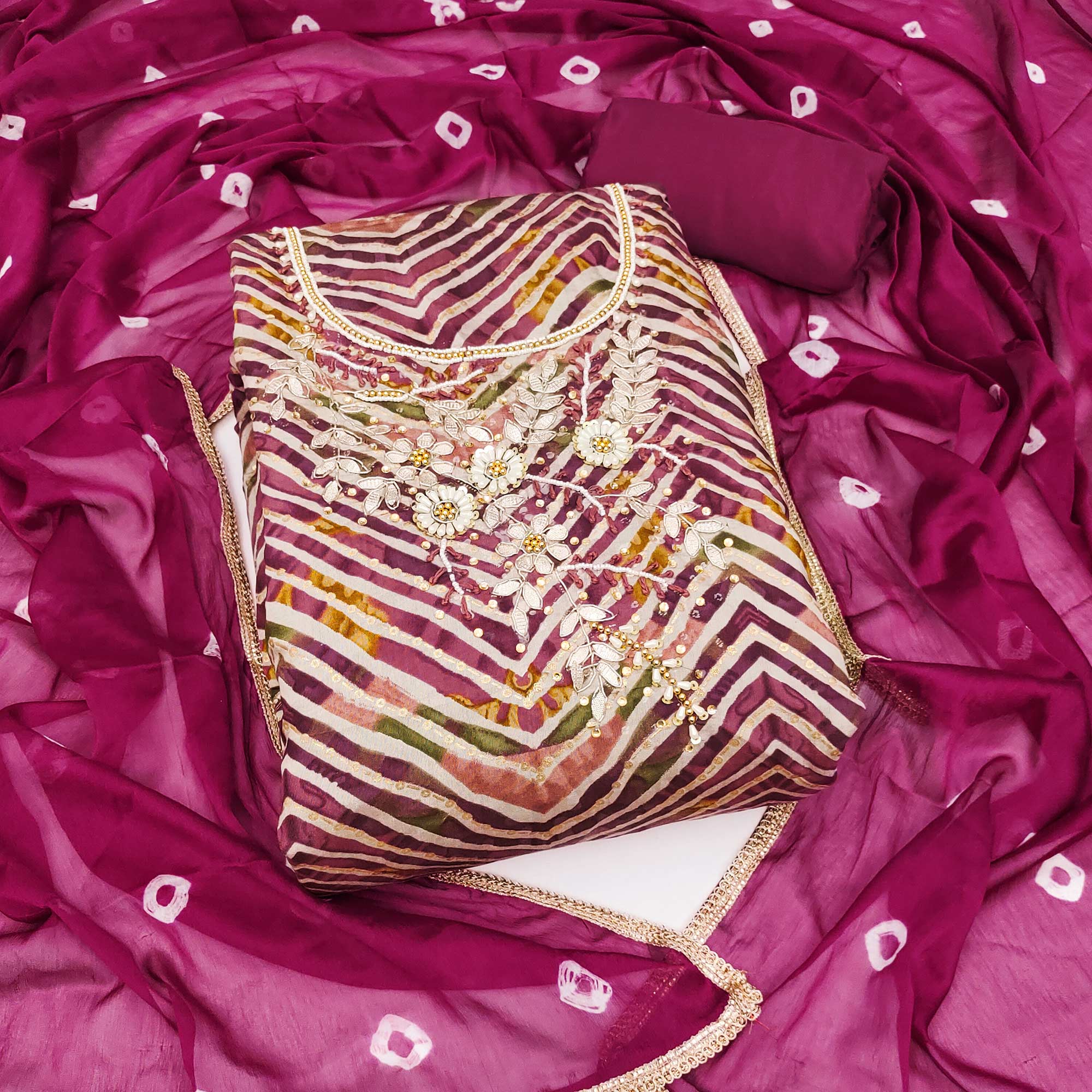 Wine Zig Zag Printed With Floral Handwork Roman Cotton Silk Dress Material