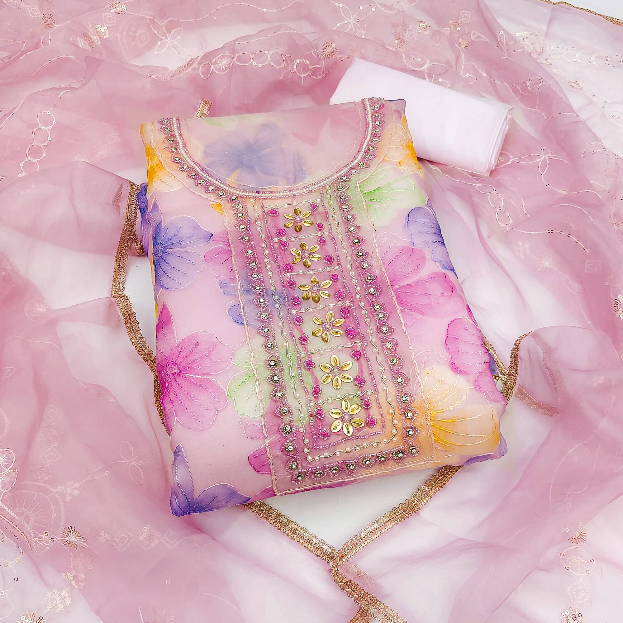 Pink Floral Sequins Embroidery With Handwork Organza Dress Material