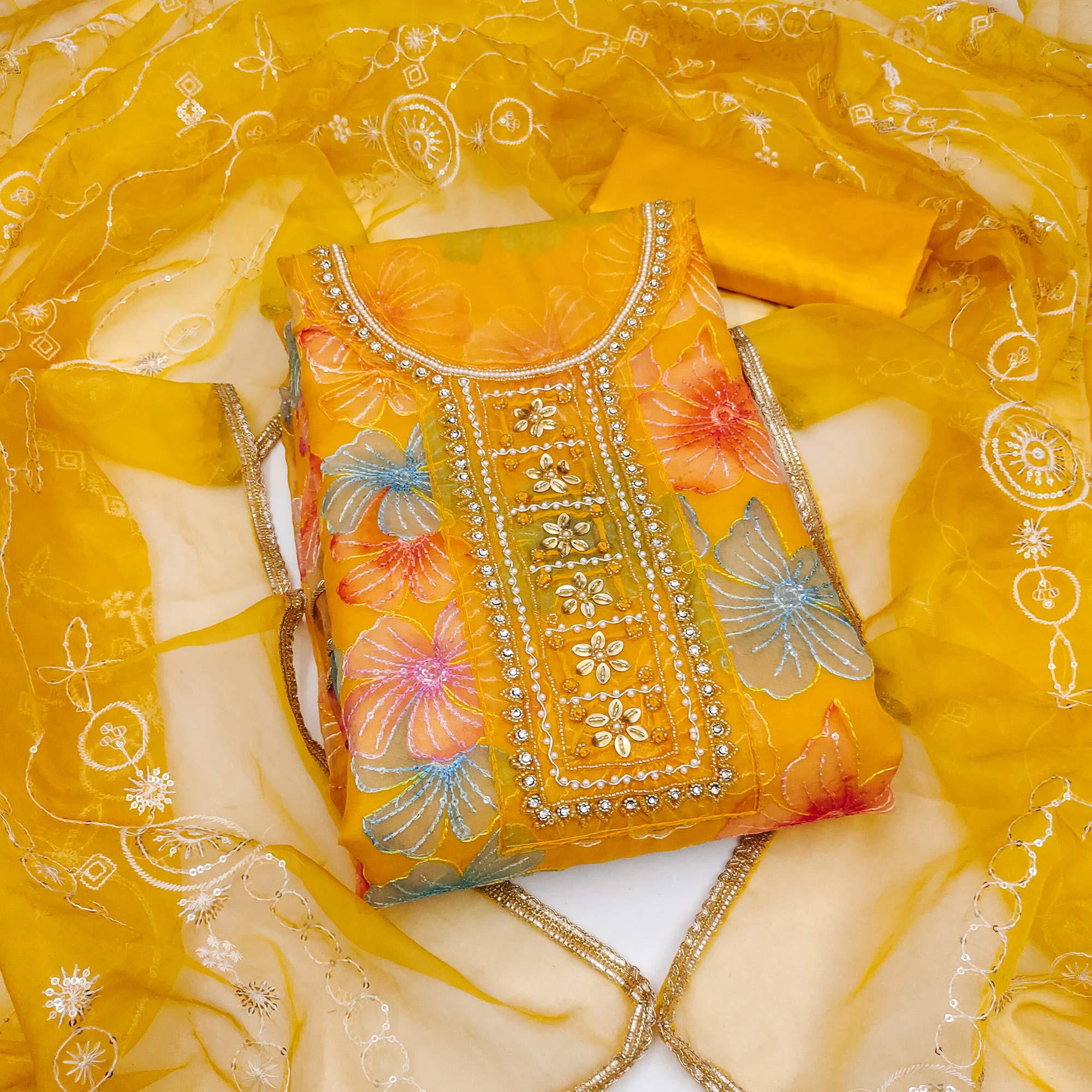 Yellow Floral Sequins Embroidery With Handwork Organza Dress Material