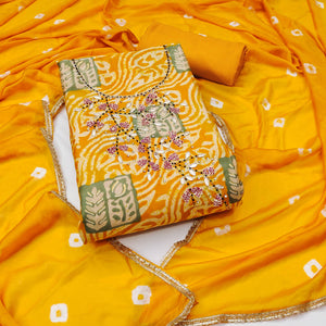 Yellow Printed With Handwork Cotton Silk Dress Material