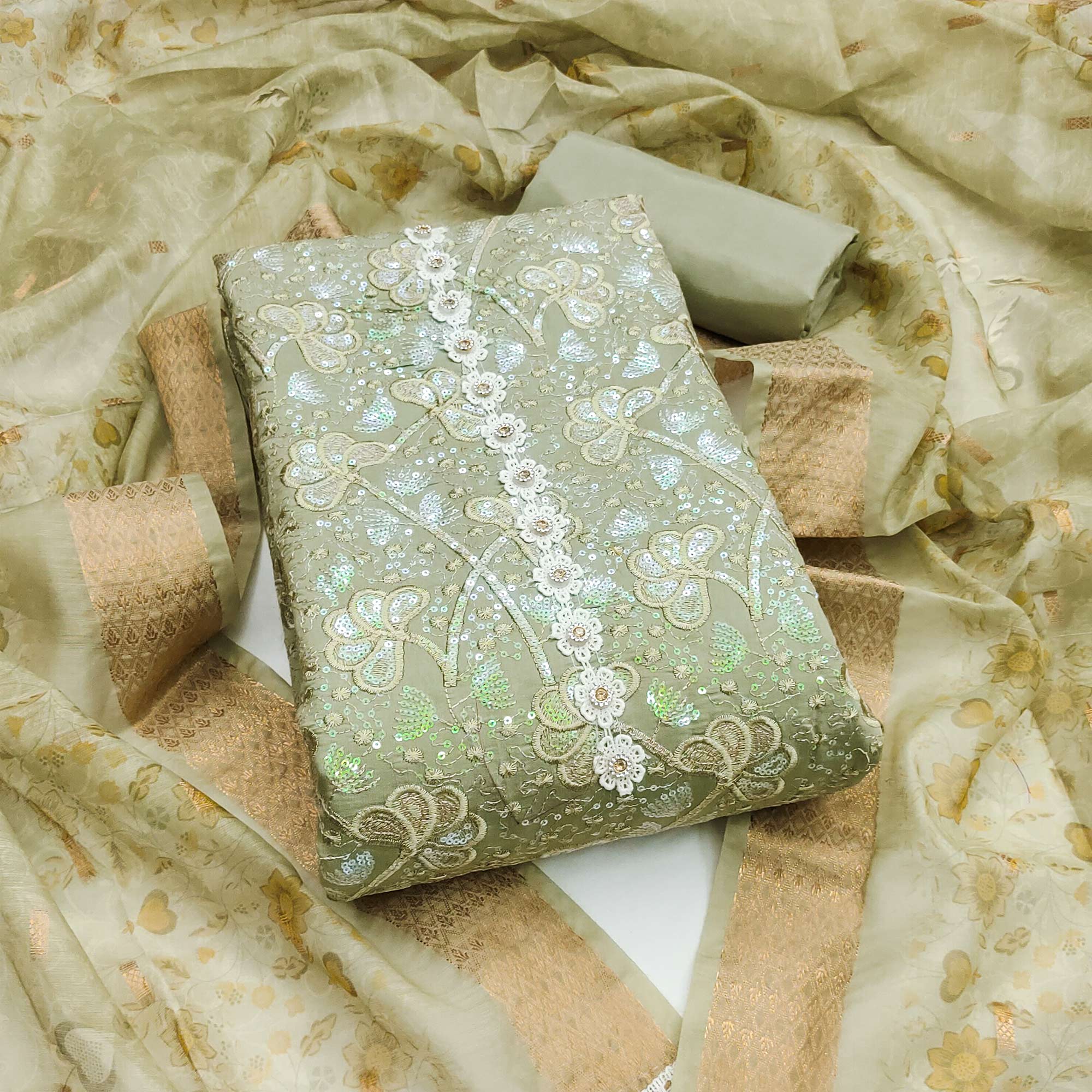 Green Floral Sequins Embroidery Cotton Roman Silk Dress Material