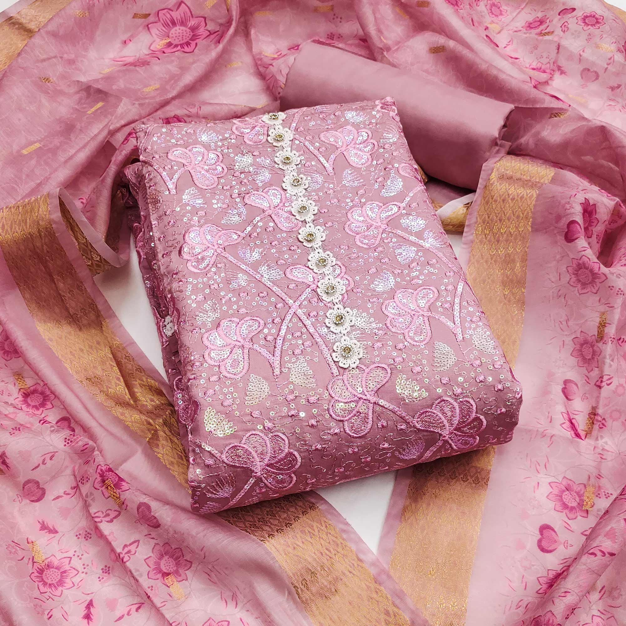 Onion Pink Floral Sequins Embroidery Cotton Roman Silk Dress Material