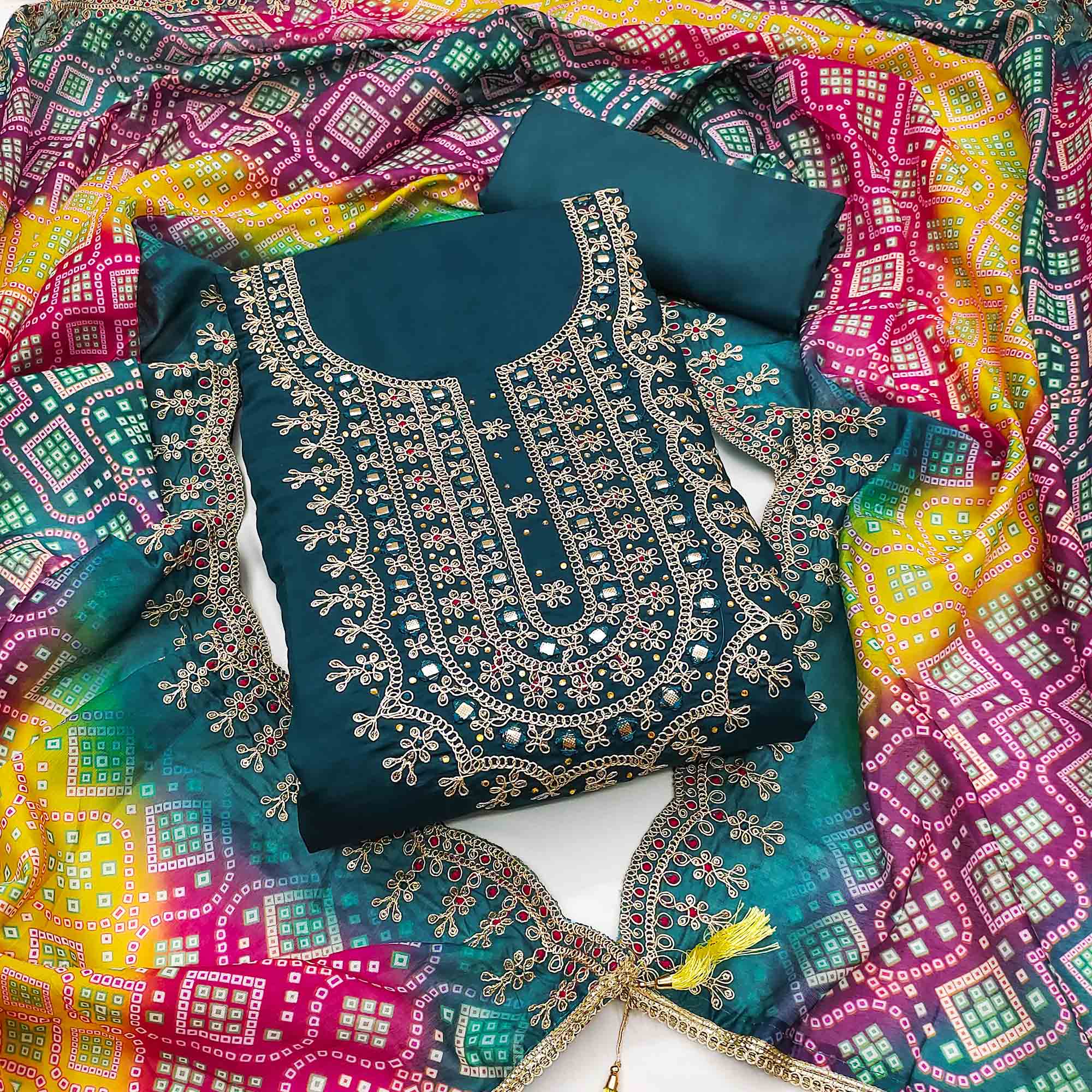 Morpich Floral Embroidery With Stonework Roman Cotton Silk Dress Material