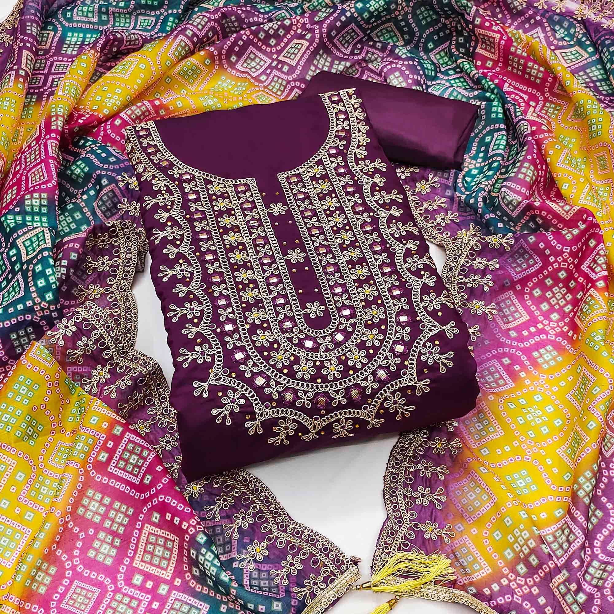 Wine Floral Embroidery With Stonework Roman Cotton Silk Dress Material