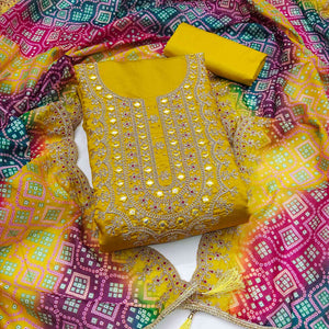 Yellow Floral Embroidery With Stonework Roman Cotton Silk Dress Material