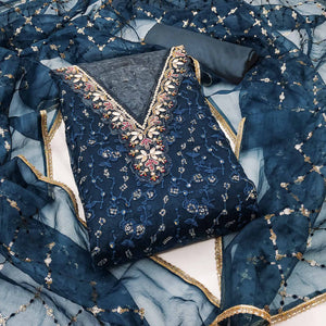 Blue Floral Sequins Embroidery With Handwork Organza Dress Material