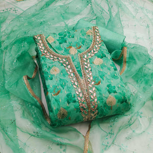 Sea Green Floral Woven With Handwork Viscose Banarasi Dress Material
