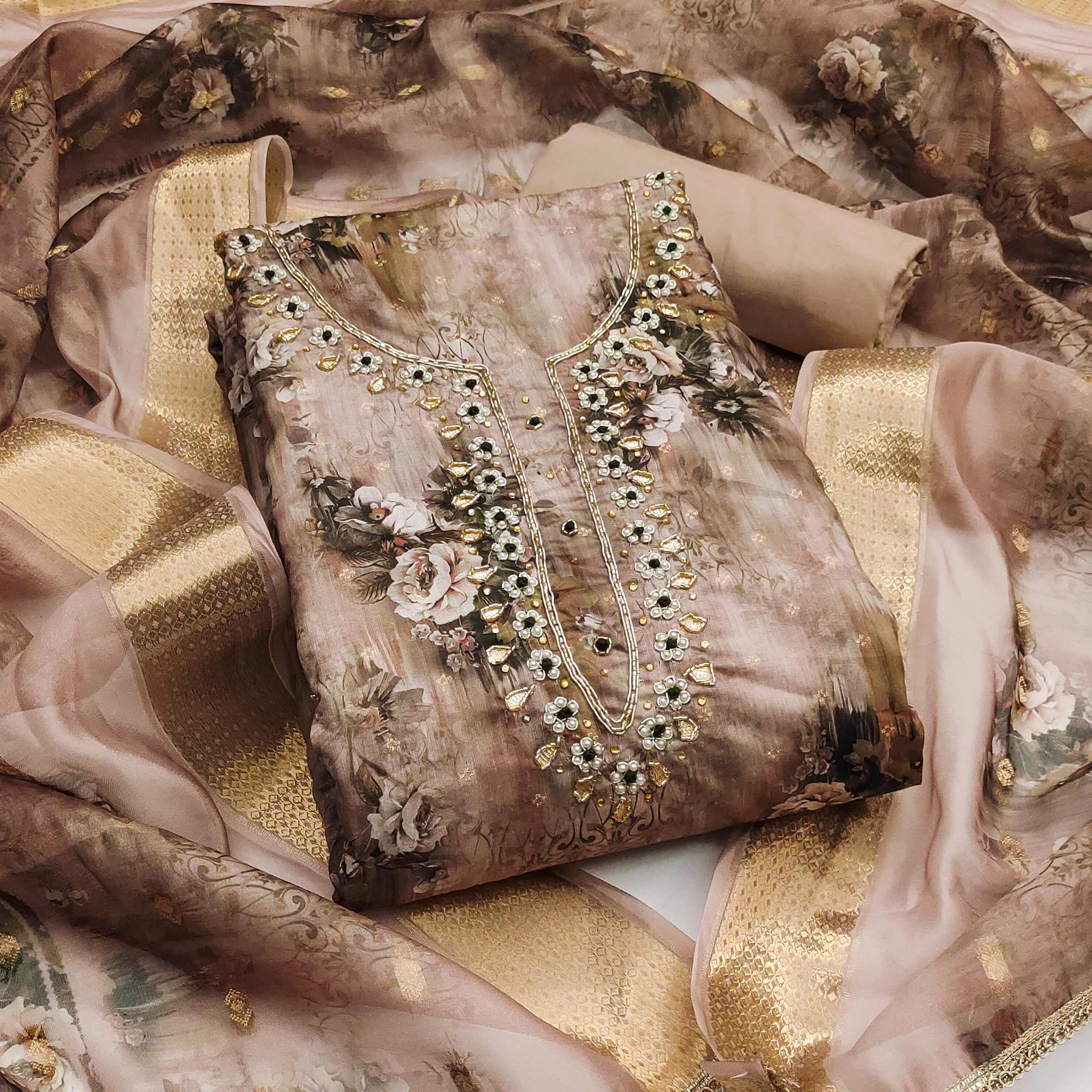 Brown Floral Printed With Handwork Muslin Dress Material