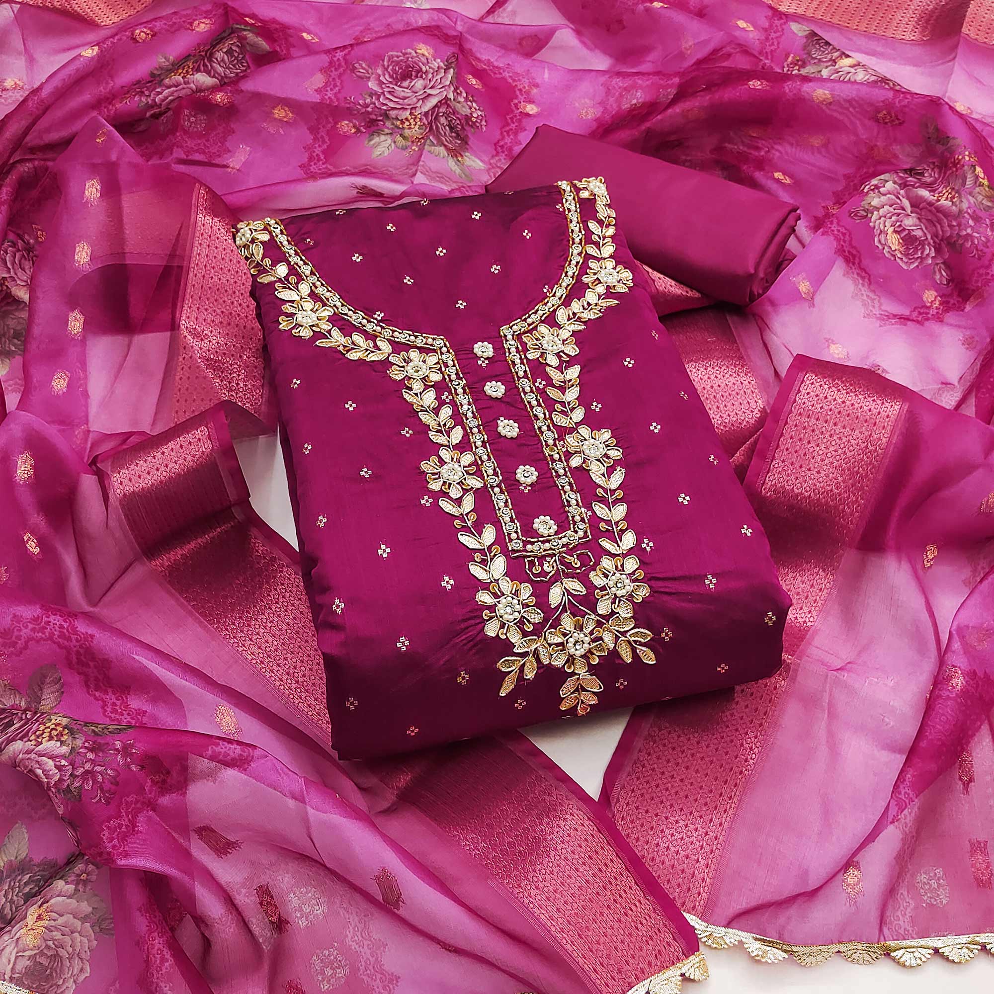 Magenta Floral Moti With Gota Patti Handwork Banaarasi Silk Dress Material