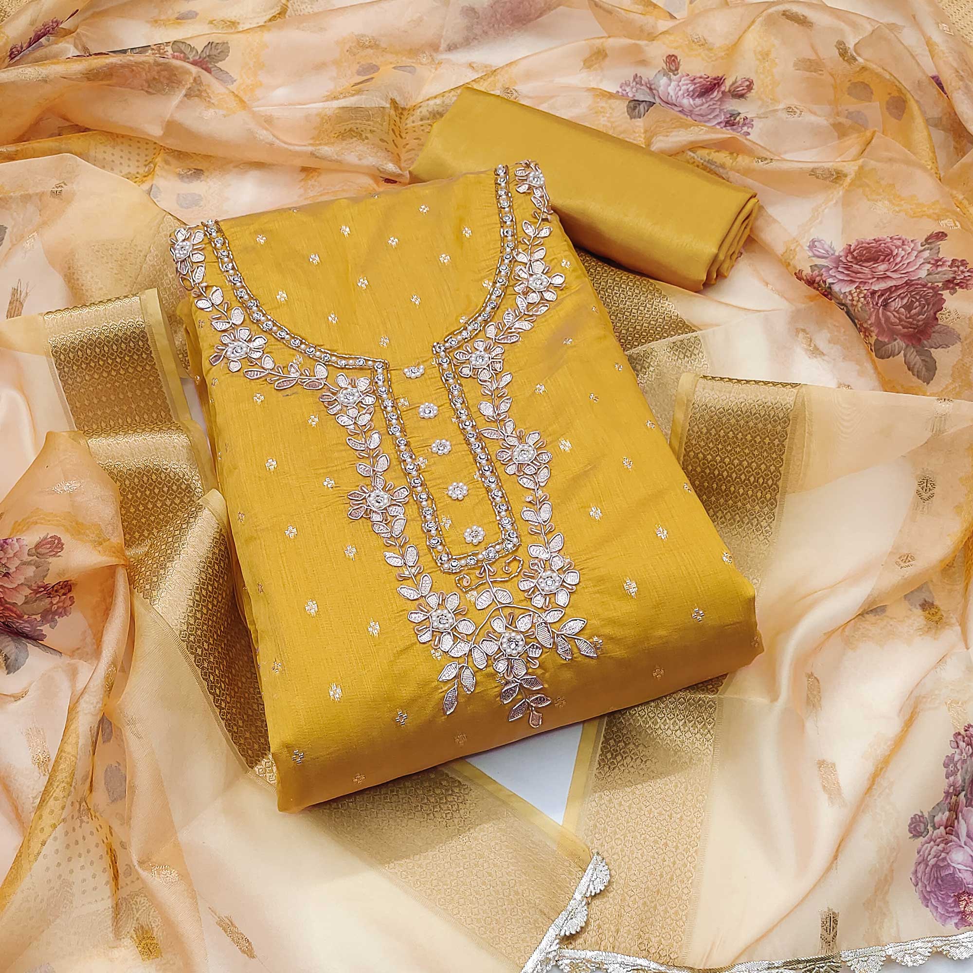 Yellow Floral Moti With Gota Patti Handwork Banaarasi Silk Dress Material