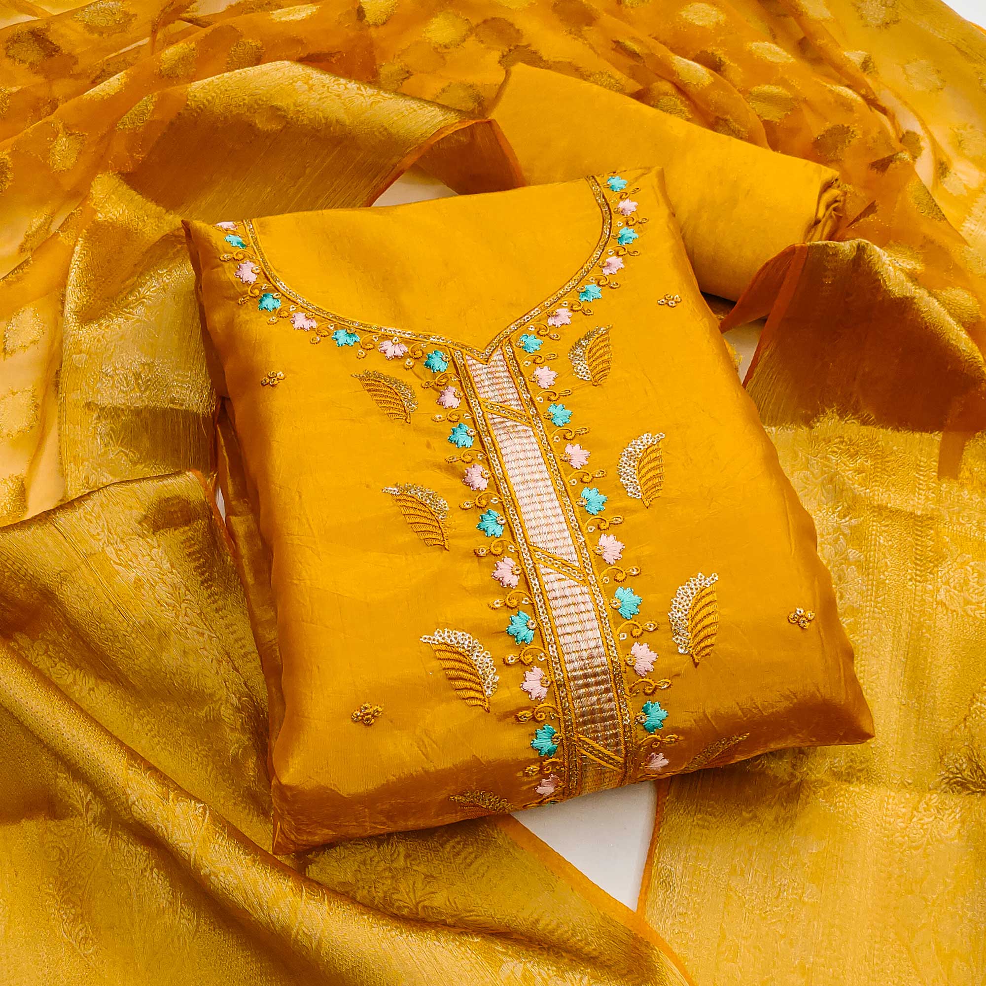 Mustard Floral Sequins Embroidered Viscose Dress Material