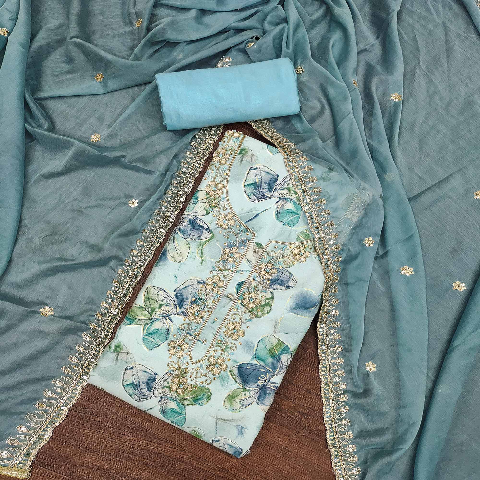 Blue Floral Printed With Handwork Pure Cotton Dress Material