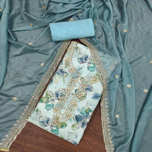 Blue Floral Printed With Handwork Pure Cotton Dress Material