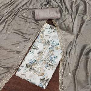 4Grey Floral Printed With Handwork Pure Cotton Dress Material